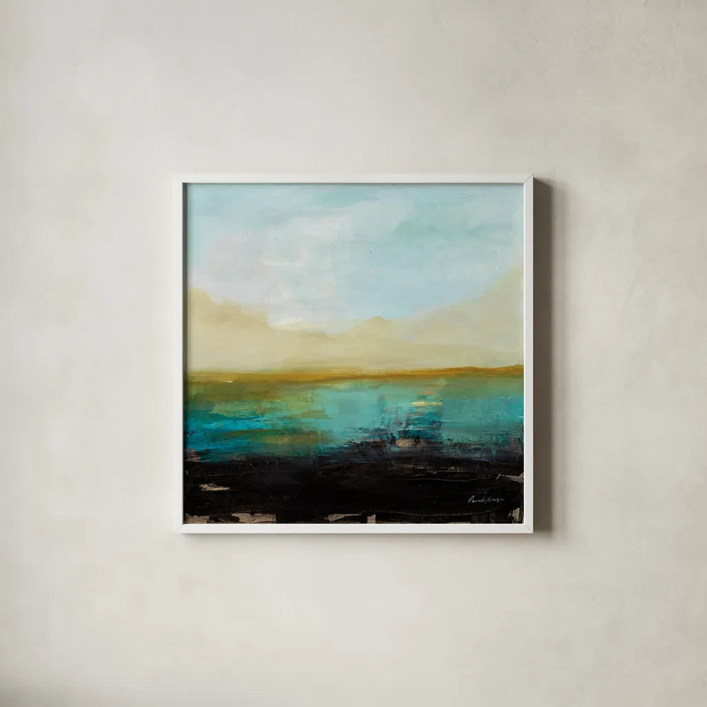 Landing by Pamela Munger. Shown in a crisp white glass frame for a clean and minimalist style. Available as an archival giclee rolled canvas, fine art paper, or poster print. SKU 80785a.