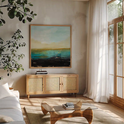 Landing by Pamela Munger. Shown in a natural wood frame in a cozy modern living room. Available as an archival giclee rolled canvas, fine art paper, or poster print. SKU 80785a.