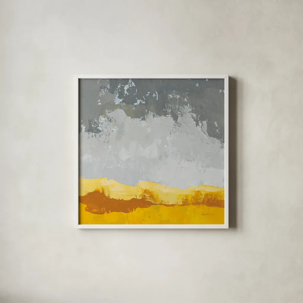 Landscape Yellow Grey by Pamela Munger. Shown in a crisp white glass frame for a clean and minimalist style. Available as an archival giclee rolled canvas, fine art paper, or poster print. SKU 70539a.