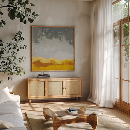Landscape Yellow Grey by Pamela Munger. Shown in a natural wood frame in a cozy modern living room. Available as an archival giclee rolled canvas, fine art paper, or poster print. SKU 70539a.