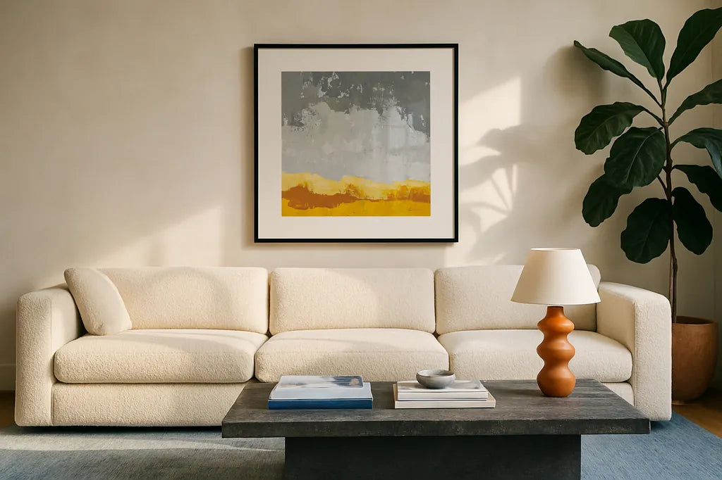 Landscape Yellow Grey by Pamela Munger. Displayed in a glass frame with matte in a clean modern living room. Available as an archival giclee rolled canvas, fine art paper, or poster print. SKU 70539a.