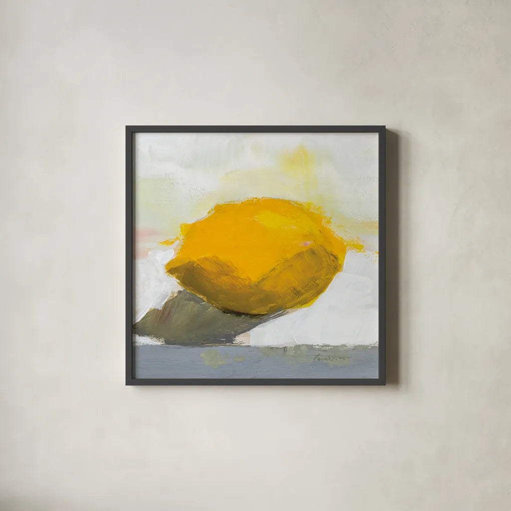 Lemon Still Life by Pamela Munger. Shown in a sleek black glass frame for a contemporary gallery look. Available as an archival giclee rolled canvas, fine art paper, or poster print. SKU 79191a.