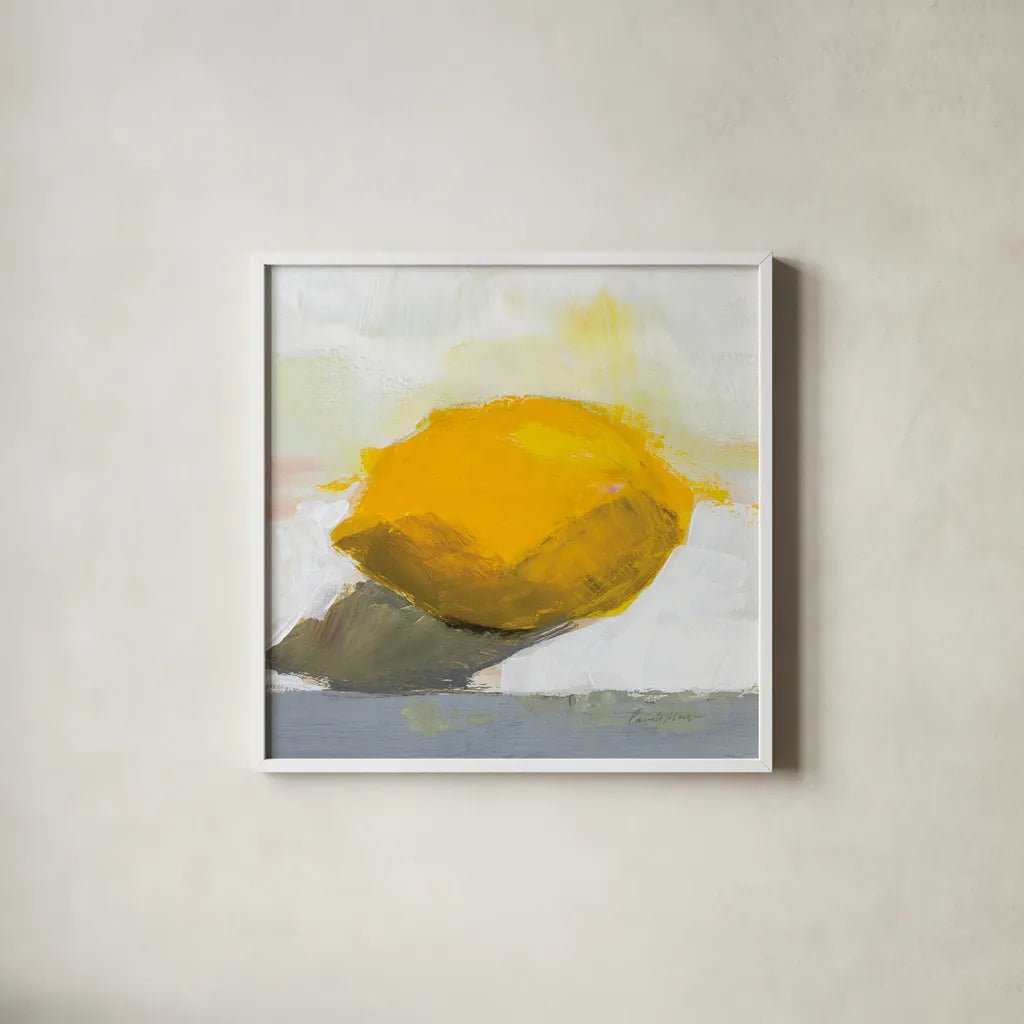 Lemon Still Life by Pamela Munger. Shown in a crisp white glass frame for a clean and minimalist style. Available as an archival giclee rolled canvas, fine art paper, or poster print. SKU 79191a.