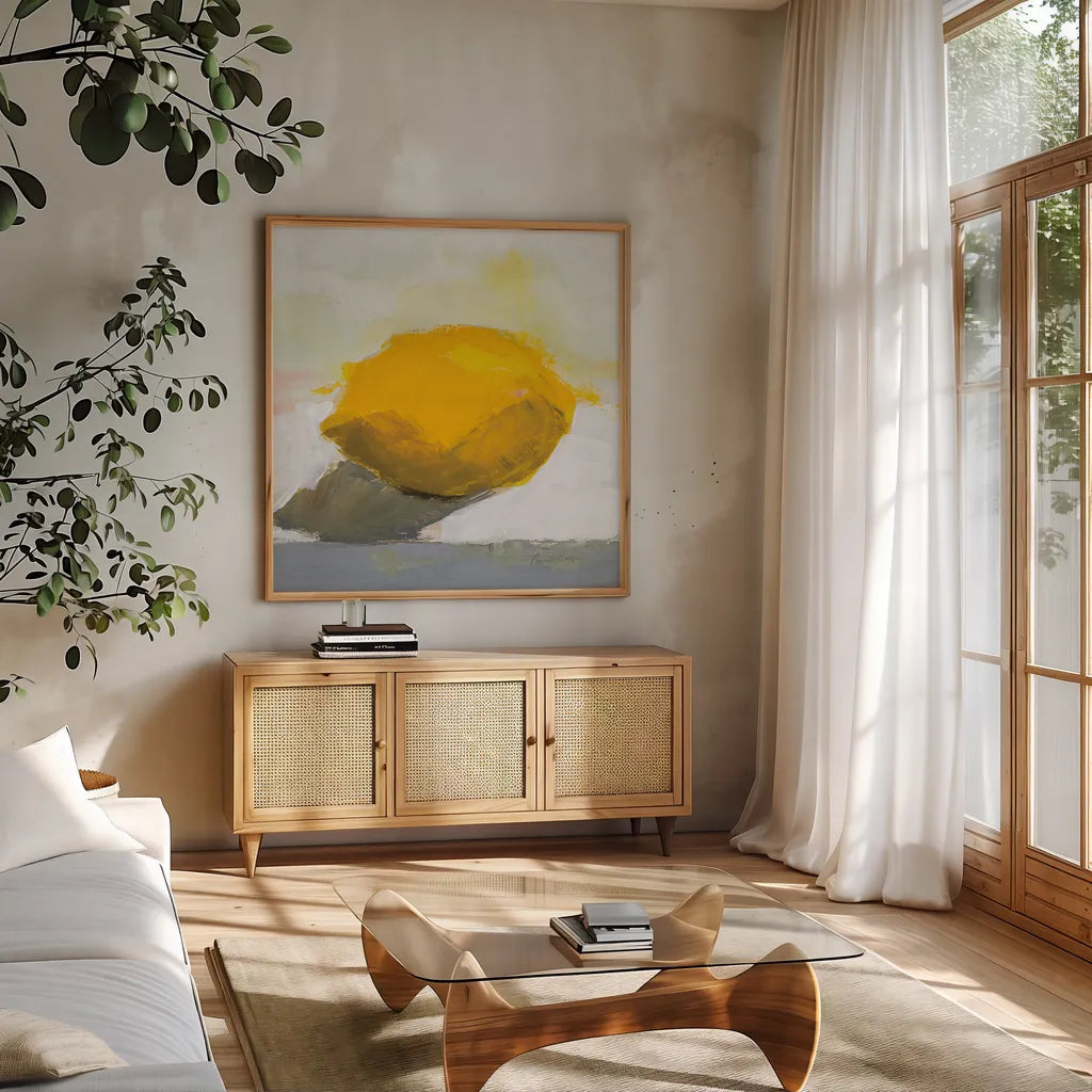 Lemon Still Life by Pamela Munger. Shown in a natural wood frame in a cozy modern living room. Available as an archival giclee rolled canvas, fine art paper, or poster print. SKU 79191a.