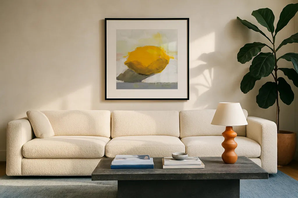 Lemon Still Life by Pamela Munger. Displayed in a glass frame with matte in a clean modern living room. Available as an archival giclee rolled canvas, fine art paper, or poster print. SKU 79191a.