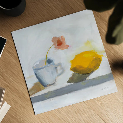 Lemon and Cup by Pamela Munger. Shown as a detailed flat fine art print, highlighting archival giclee quality. Available as an archival giclee rolled canvas, fine art paper, or poster print. SKU 96979a.