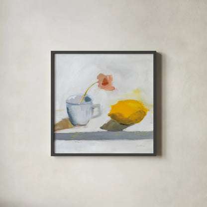 Lemon and Cup by Pamela Munger. Shown in a sleek black glass frame for a contemporary gallery look. Available as an archival giclee rolled canvas, fine art paper, or poster print. SKU 96979a.