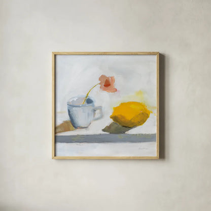 Lemon and Cup by Pamela Munger. Shown in a natural wood glass frame for a timeless modern aesthetic. Available as an archival giclee rolled canvas, fine art paper, or poster print. SKU 96979a.