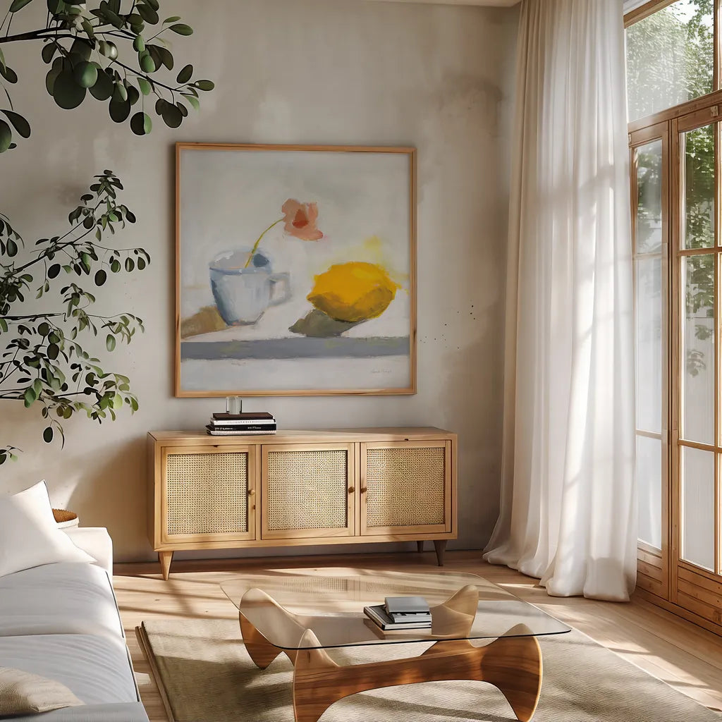 Lemon and Cup by Pamela Munger. Shown in a natural wood frame in a cozy modern living room. Available as an archival giclee rolled canvas, fine art paper, or poster print. SKU 96979a.