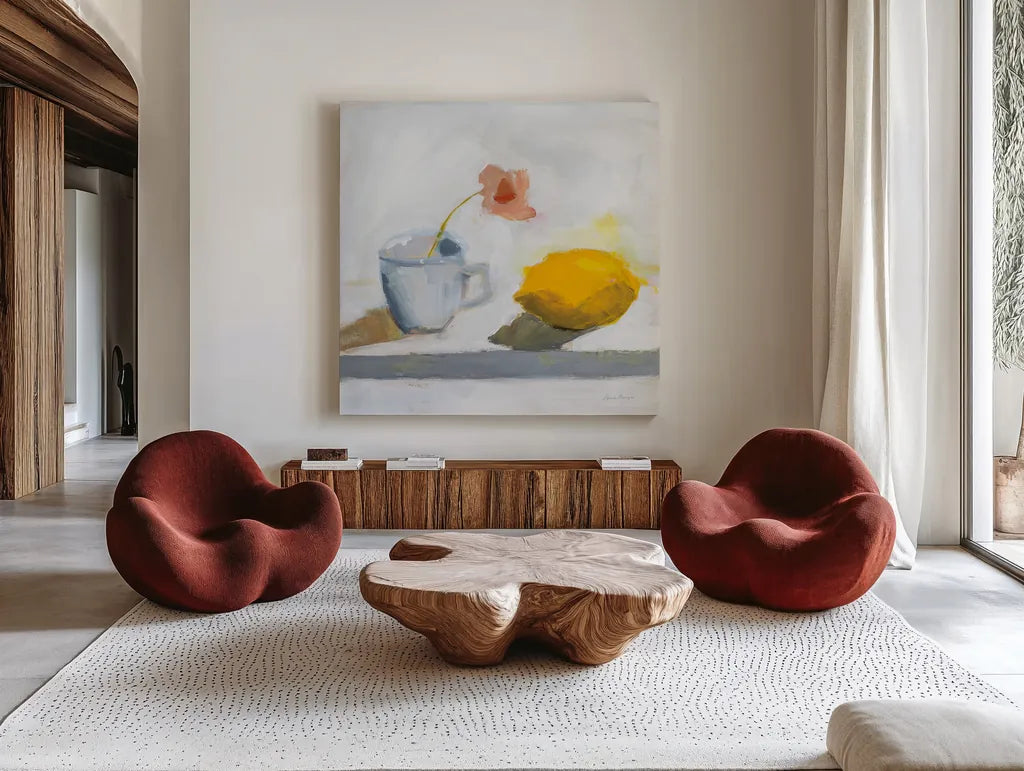 Lemon and Cup by Pamela Munger. Shown as extra-large giant wall art in a modern living room. Available as an archival giclee rolled canvas, fine art paper, or poster print. SKU 96979a.
