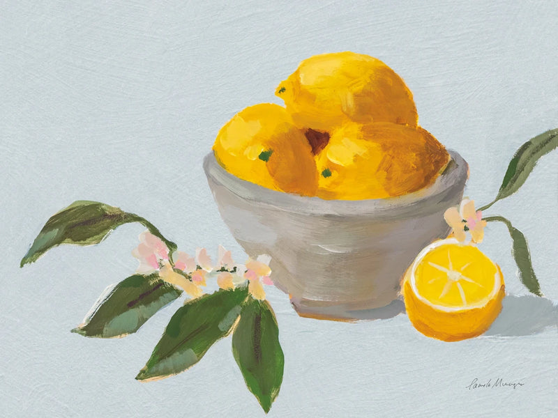 Lemons in Grey Bowl Blue Texture by Pamela Munger
