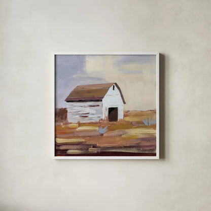Little White Barn by Pamela Munger. Shown in a crisp white glass frame for a clean and minimalist style. Available as an archival giclee rolled canvas, fine art paper, or poster print. SKU 70681a.