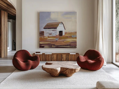 Little White Barn by Pamela Munger. Shown as extra-large giant wall art in a modern living room. Available as an archival giclee rolled canvas, fine art paper, or poster print. SKU 70681a.