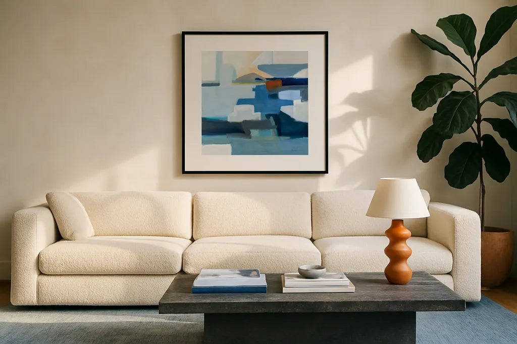 Monterey by Pamela Munger. Displayed in a glass frame with matte in a clean modern living room. Available as an archival giclee rolled canvas, fine art paper, or poster print. SKU 81181a.