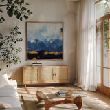 Mountain Gold by Pamela Munger. Shown in a natural wood frame in a cozy modern living room. Available as an archival giclee rolled canvas, fine art paper, or poster print. SKU 70224a.
