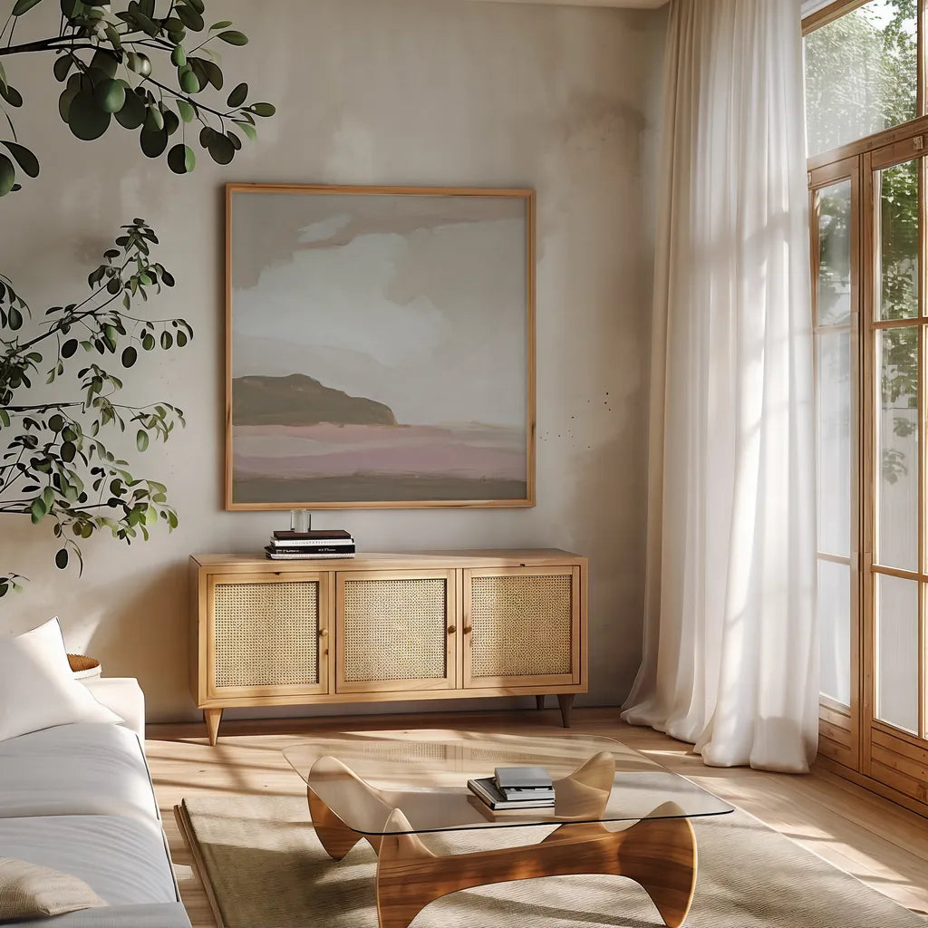Neo Landscape by Pamela Munger. Shown in a natural wood frame in a cozy modern living room. Available as an archival giclee rolled canvas, fine art paper, or poster print. SKU 73258a.