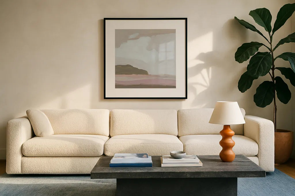Neo Landscape by Pamela Munger. Displayed in a glass frame with matte in a clean modern living room. Available as an archival giclee rolled canvas, fine art paper, or poster print. SKU 73258a.