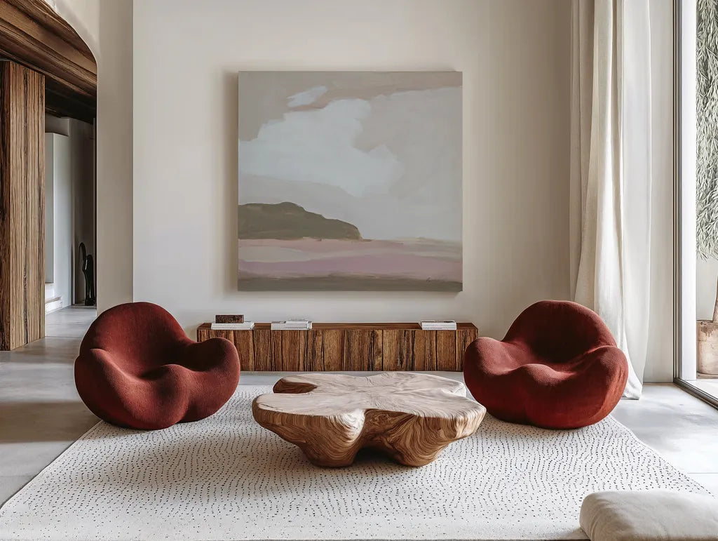 Neo Landscape by Pamela Munger. Shown as extra-large giant wall art in a modern living room. Available as an archival giclee rolled canvas, fine art paper, or poster print. SKU 73258a.