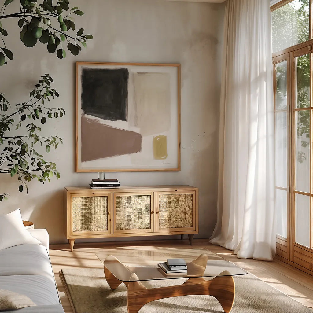 Neutral and Brew by Pamela Munger. Shown in a natural wood frame in a cozy modern living room. Available as an archival giclee rolled canvas, fine art paper, or poster print. SKU 90637a.