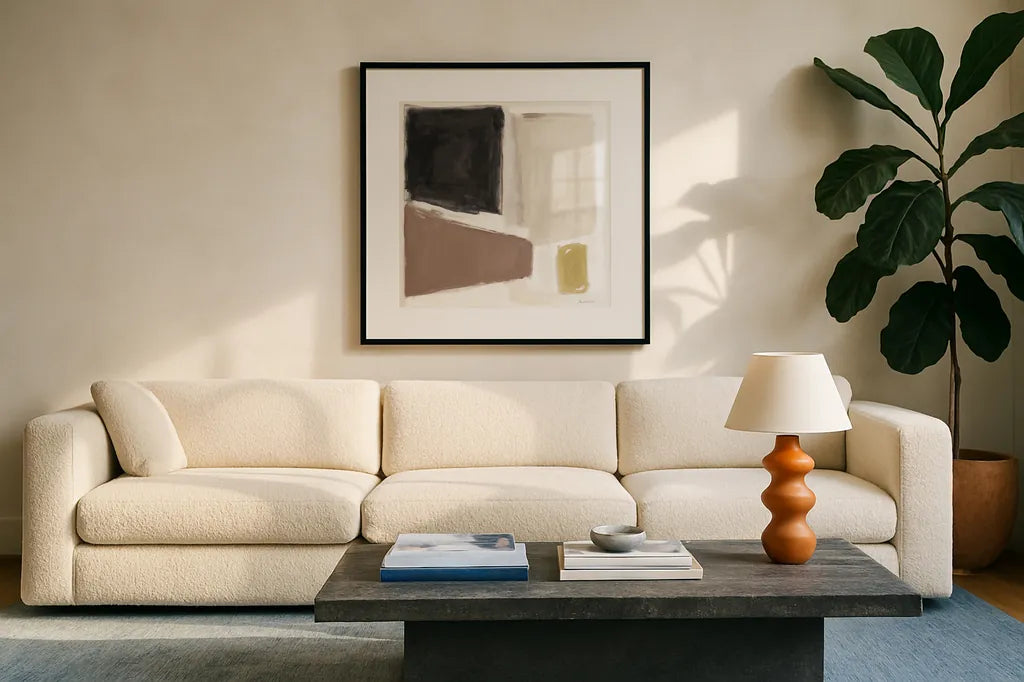 Neutral and Brew by Pamela Munger. Displayed in a glass frame with matte in a clean modern living room. Available as an archival giclee rolled canvas, fine art paper, or poster print. SKU 90637a.