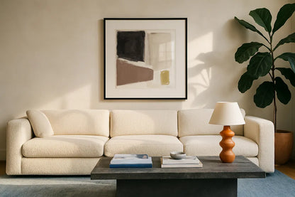 Neutral and Brew by Pamela Munger. Displayed in a glass frame with matte in a clean modern living room. Available as an archival giclee rolled canvas, fine art paper, or poster print. SKU 90637a.
