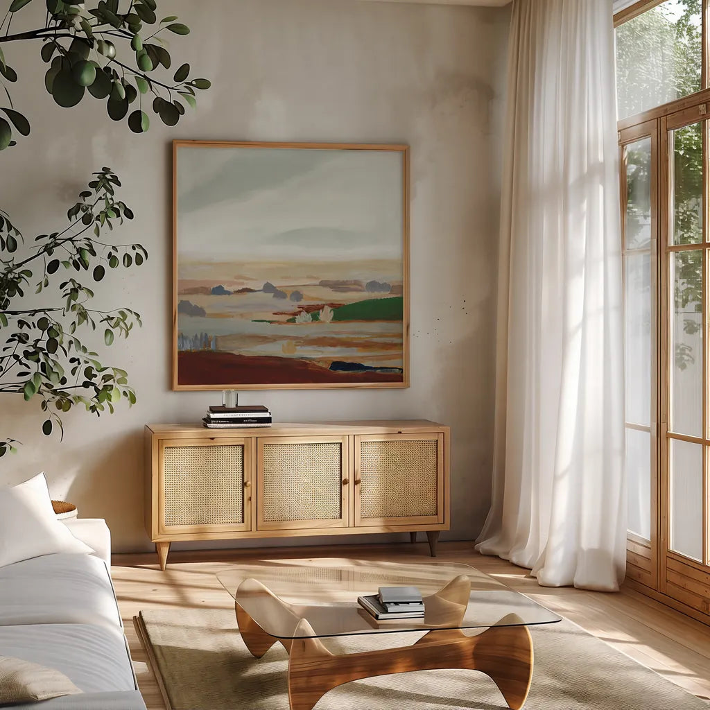 November Layers II by Pamela Munger. Shown in a natural wood frame in a cozy modern living room. Available as an archival giclee rolled canvas, fine art paper, or poster print. SKU 95369a.