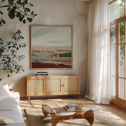 November Layers II by Pamela Munger. Shown in a natural wood frame in a cozy modern living room. Available as an archival giclee rolled canvas, fine art paper, or poster print. SKU 95369a.