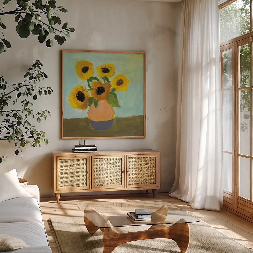 Ode to VG by Pamela Munger. Shown in a natural wood frame in a cozy modern living room. Available as an archival giclee rolled canvas, fine art paper, or poster print. SKU 82844a.