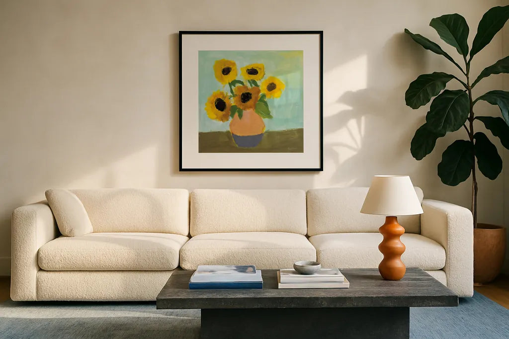 Ode to VG by Pamela Munger. Displayed in a glass frame with matte in a clean modern living room. Available as an archival giclee rolled canvas, fine art paper, or poster print. SKU 82844a.
