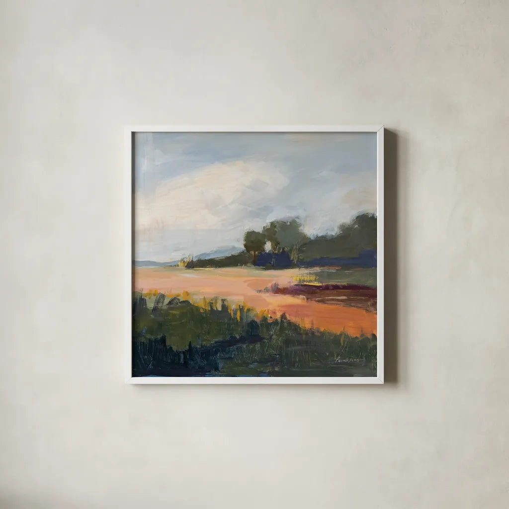 Off Woodgate Road by Pamela Munger. Shown in a crisp white glass frame for a clean and minimalist style. Available as an archival giclee rolled canvas, fine art paper, or poster print. SKU 73716a.