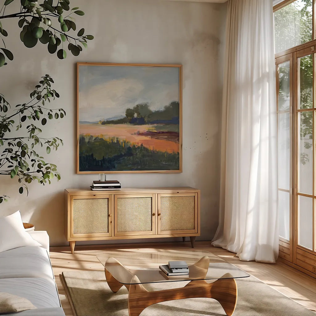 Off Woodgate Road by Pamela Munger. Shown in a natural wood frame in a cozy modern living room. Available as an archival giclee rolled canvas, fine art paper, or poster print. SKU 73716a.