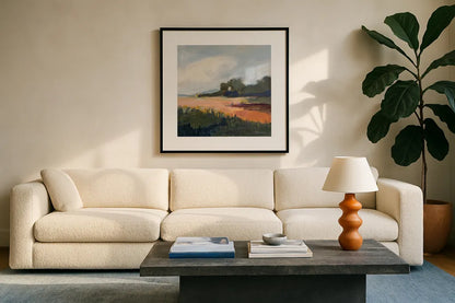Off Woodgate Road by Pamela Munger. Displayed in a glass frame with matte in a clean modern living room. Available as an archival giclee rolled canvas, fine art paper, or poster print. SKU 73716a.