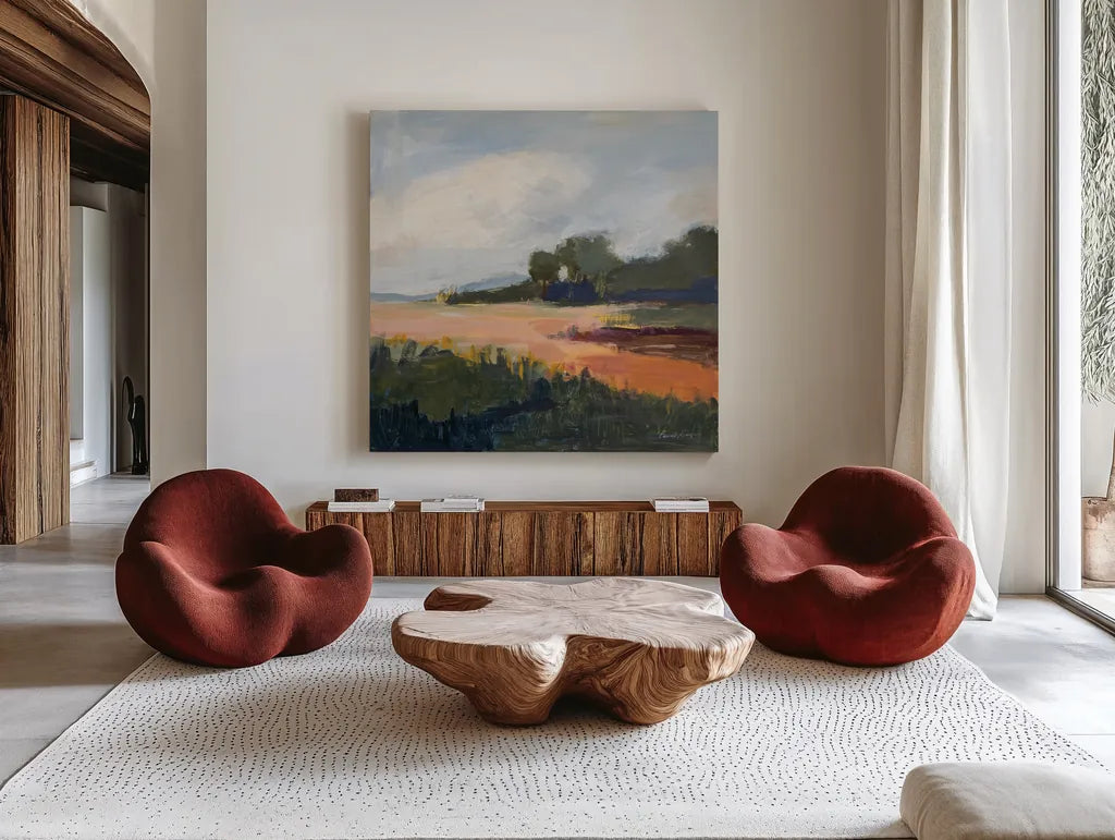 Off Woodgate Road by Pamela Munger. Shown as extra-large giant wall art in a modern living room. Available as an archival giclee rolled canvas, fine art paper, or poster print. SKU 73716a.