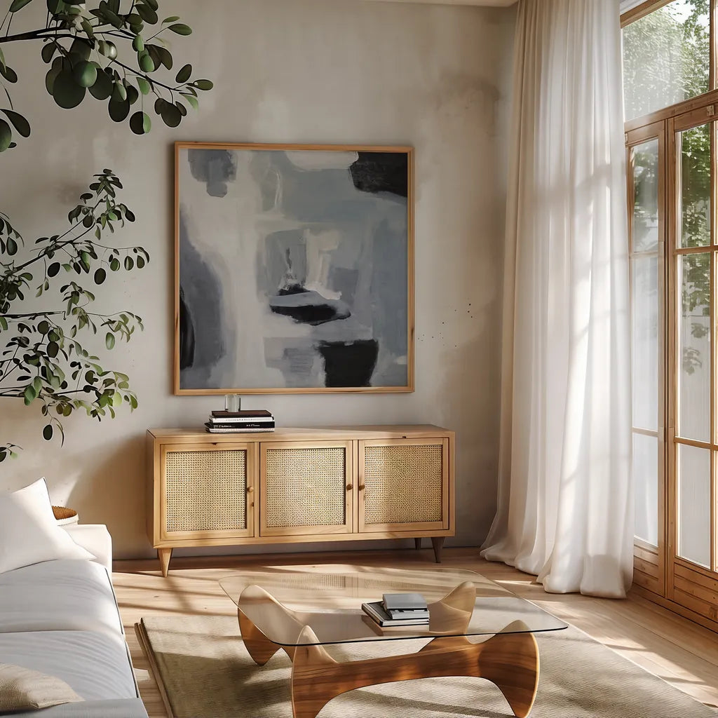 On the Cape Gray Crop by Pamela Munger. Shown in a natural wood frame in a cozy modern living room. Available as an archival giclee rolled canvas, fine art paper, or poster print. SKU 75629a.