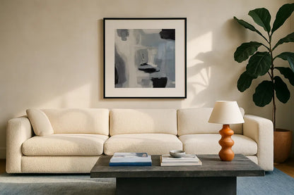 On the Cape Gray Crop by Pamela Munger. Displayed in a glass frame with matte in a clean modern living room. Available as an archival giclee rolled canvas, fine art paper, or poster print. SKU 75629a.