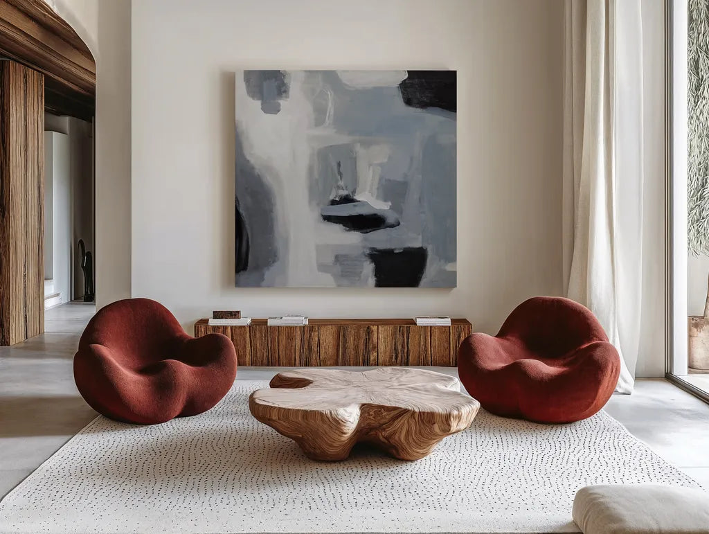 On the Cape Gray Crop by Pamela Munger. Shown as extra-large giant wall art in a modern living room. Available as an archival giclee rolled canvas, fine art paper, or poster print. SKU 75629a.
