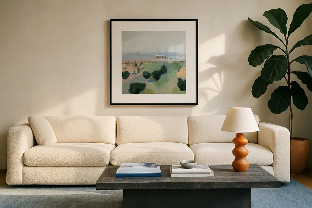 On the Way to Joshua Tree by Pamela Munger. Displayed in a glass frame with matte in a clean modern living room. Available as an archival giclee rolled canvas, fine art paper, or poster print. SKU 79975a.