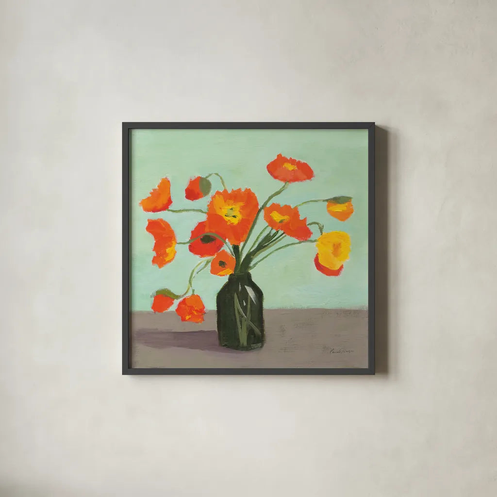 Orange Poppies by Pamela Munger. Shown in a sleek black glass frame for a contemporary gallery look. Available as an archival giclee rolled canvas, fine art paper, or poster print. SKU 79318a.