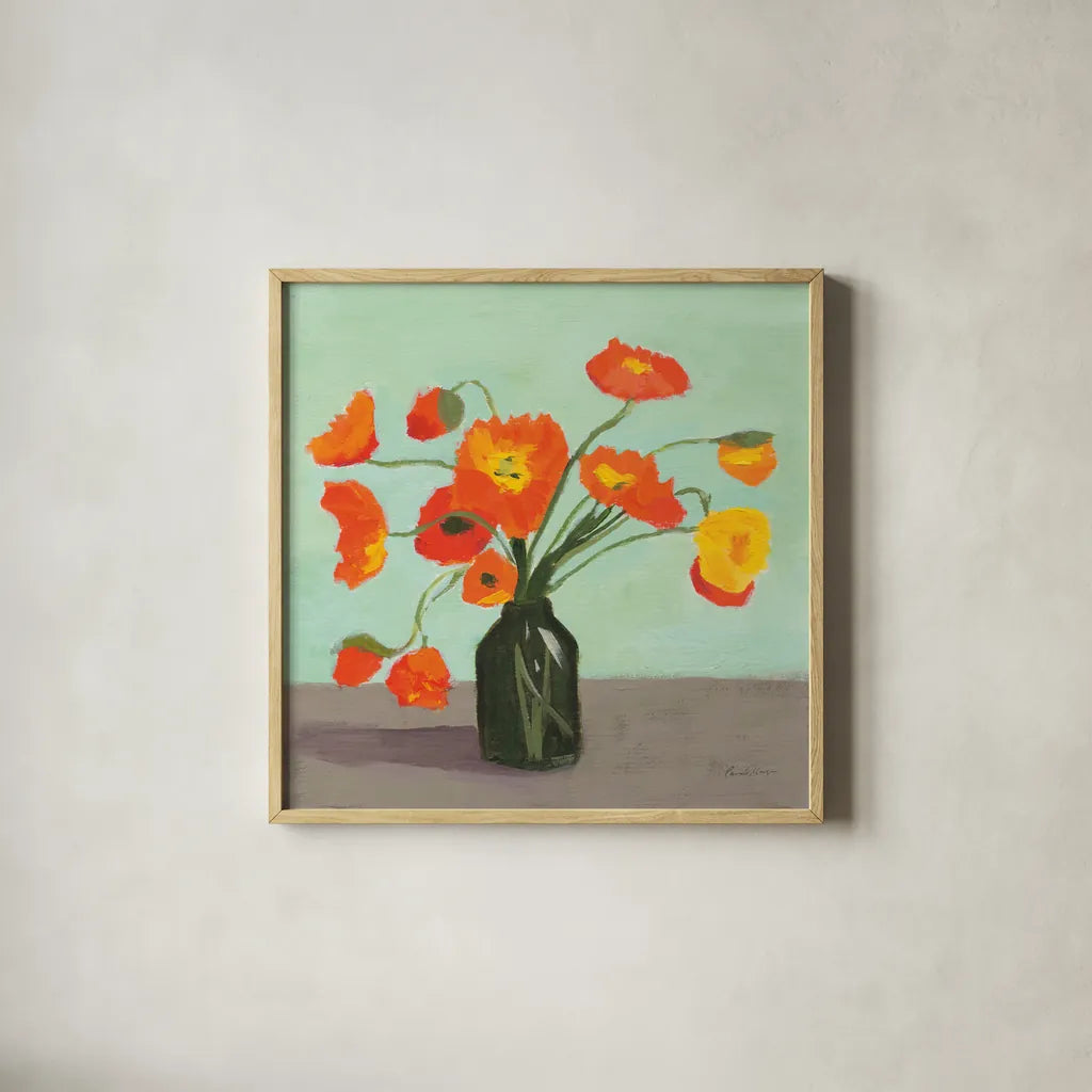 Orange Poppies by Pamela Munger. Shown in a natural wood glass frame for a timeless modern aesthetic. Available as an archival giclee rolled canvas, fine art paper, or poster print. SKU 79318a.