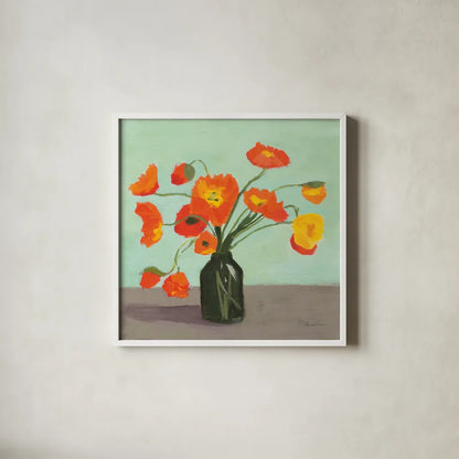 Orange Poppies by Pamela Munger. Shown in a crisp white glass frame for a clean and minimalist style. Available as an archival giclee rolled canvas, fine art paper, or poster print. SKU 79318a.