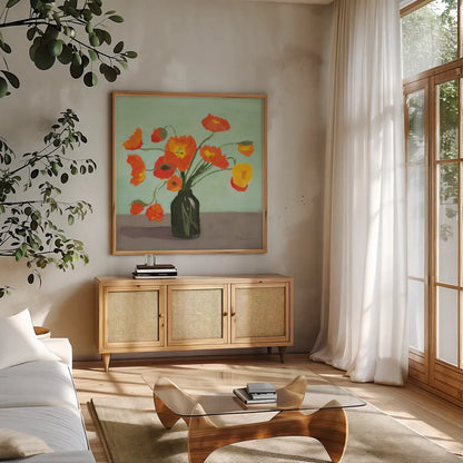 Orange Poppies by Pamela Munger. Shown in a natural wood frame in a cozy modern living room. Available as an archival giclee rolled canvas, fine art paper, or poster print. SKU 79318a.
