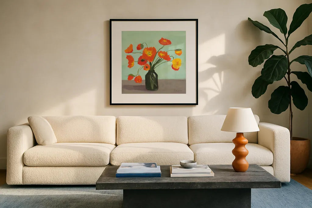 Orange Poppies by Pamela Munger. Displayed in a glass frame with matte in a clean modern living room. Available as an archival giclee rolled canvas, fine art paper, or poster print. SKU 79318a.
