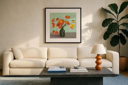 Orange Poppies by Pamela Munger. Displayed in a glass frame with matte in a clean modern living room. Available as an archival giclee rolled canvas, fine art paper, or poster print. SKU 79318a.