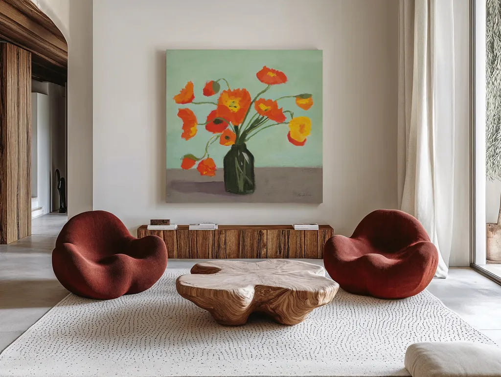 Orange Poppies by Pamela Munger. Shown as extra-large giant wall art in a modern living room. Available as an archival giclee rolled canvas, fine art paper, or poster print. SKU 79318a.