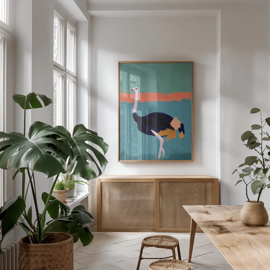 Ostrich Crop by Pamela Munger. shown as a print in a natural wood frame in a dining room. Available as a archival giclee rolled canvas, fine art paper, or poster print. SKU 69771h.