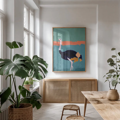 Ostrich Crop by Pamela Munger. shown as a print in a natural wood frame in a dining room. Available as a archival giclee rolled canvas, fine art paper, or poster print. SKU 69771h.