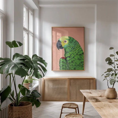 Parrot Head Crop by Pamela Munger. shown as a print in a natural wood frame in a dining room. Available as a archival giclee rolled canvas, fine art paper, or poster print. SKU 72776h.