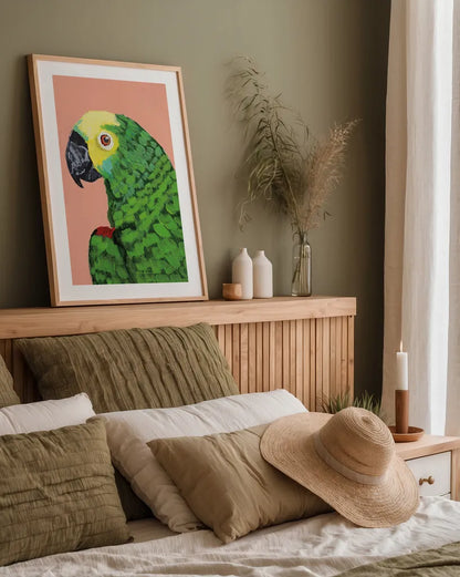 Parrot Head Crop by Pamela Munger. shown as a paper print in a natural frame. Available as a archival giclee rolled canvas, fine art paper, or poster print. SKU 72776h.