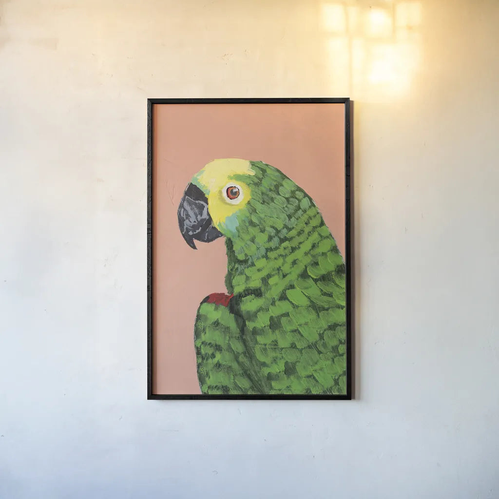 Parrot Head Crop by Pamela Munger. shown as a paper print in a black flame. Available as a archival giclee rolled canvas, fine art paper, or poster print. SKU 72776h.