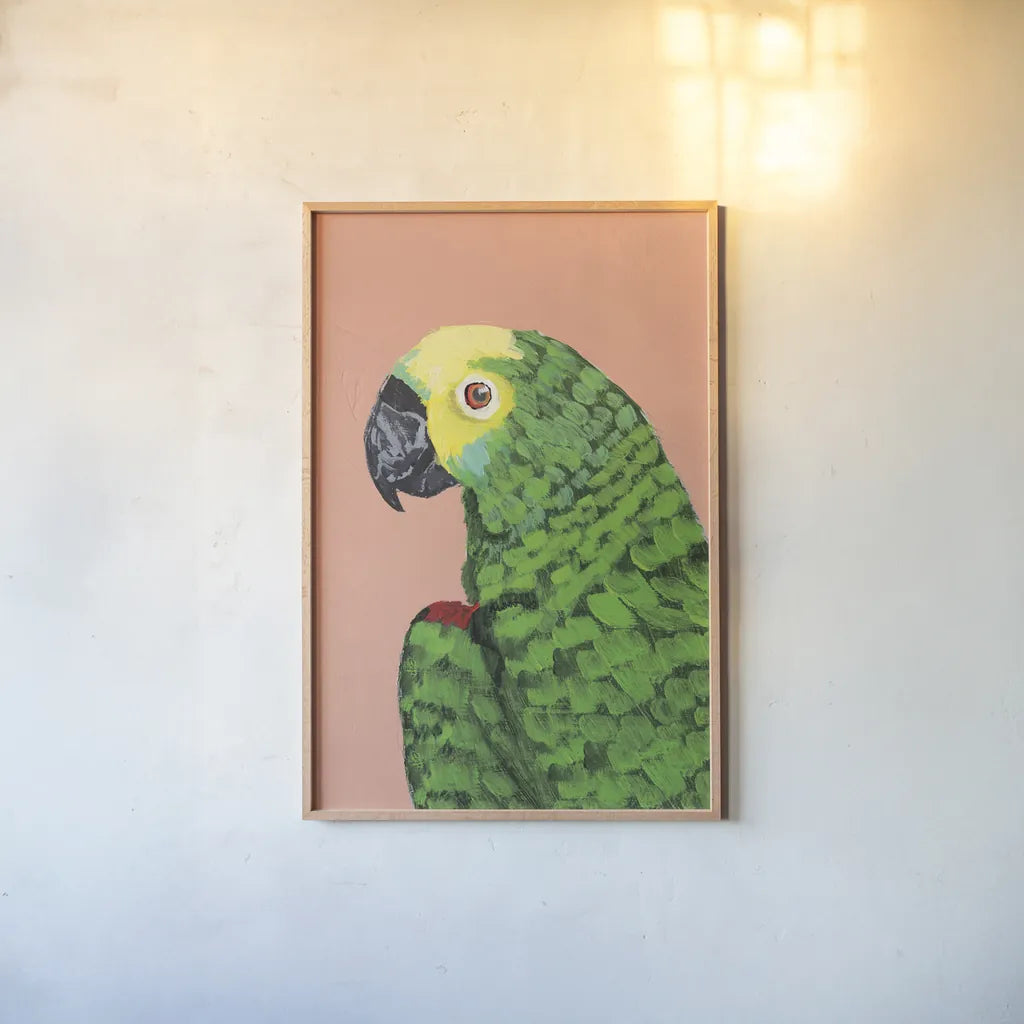 Parrot Head Crop by Pamela Munger. shown as a paper print in a natural frame. Available as a archival giclee rolled canvas, fine art paper, or poster print. SKU 72776h.